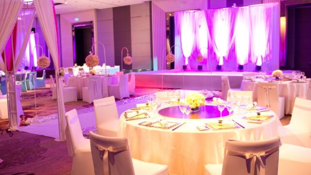 Single Location 90 Interior of a indoor wedding reception hall.