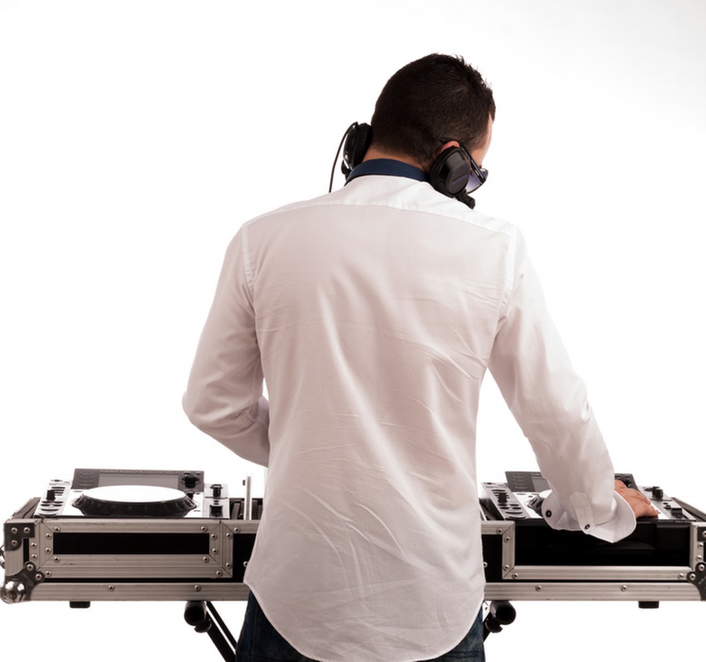 man deejay back against white background