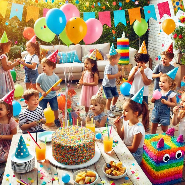 Outdoor kids party with bubbles and balloons