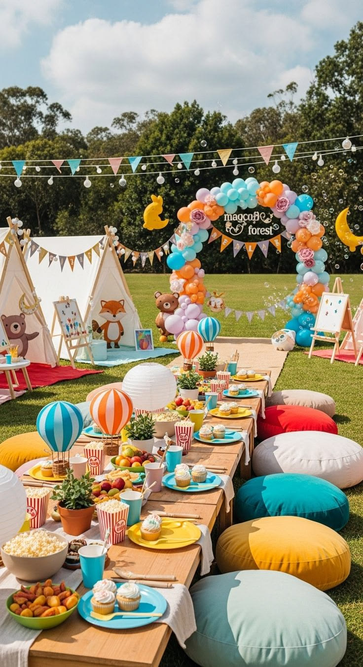 Themed picnic party setup with tents and balloon arch